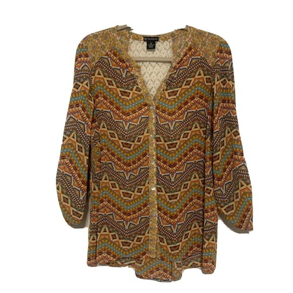 New Directions Womens Size XL Multicolor Boho Print Sheer Button Up Shirt Blouse - Picture 1 of 5